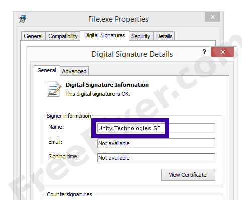 Screenshot of the Unity Technologies SF certificate